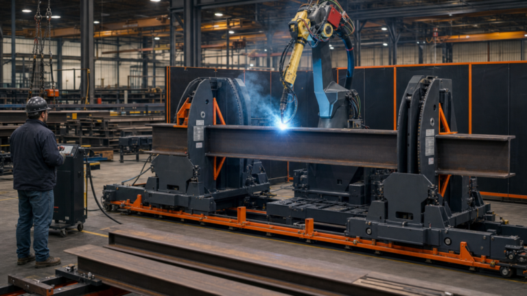 Robotic welding systems performing Robotic arc welding of structural steel beams and heavy assemblies in a metal fabrication shop
