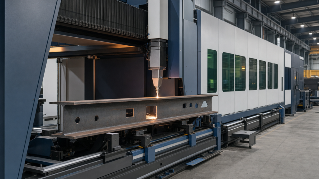 Structural steel beam laser processing performing 5-axis fiber-laser processing of structural steel beams and profiles in a metal fabrication shop