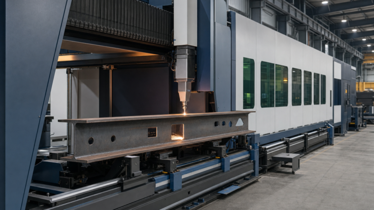 Structural steel beam laser processing performing 5-axis fiber-laser processing of structural steel beams and profiles in a metal fabrication shop