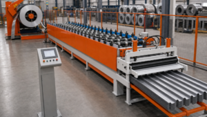 Stationary coil-fed roofing roll-forming line performing Stationary coil-fed roofing roll forming in a metal fabrication shop