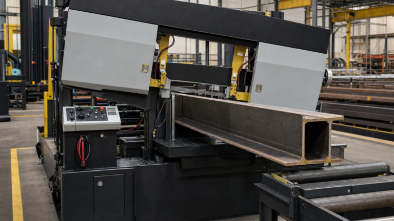 Structural-steel horizontal band saws performing Horizontal band sawing of structural steel beams to length in a metal fabrication shop