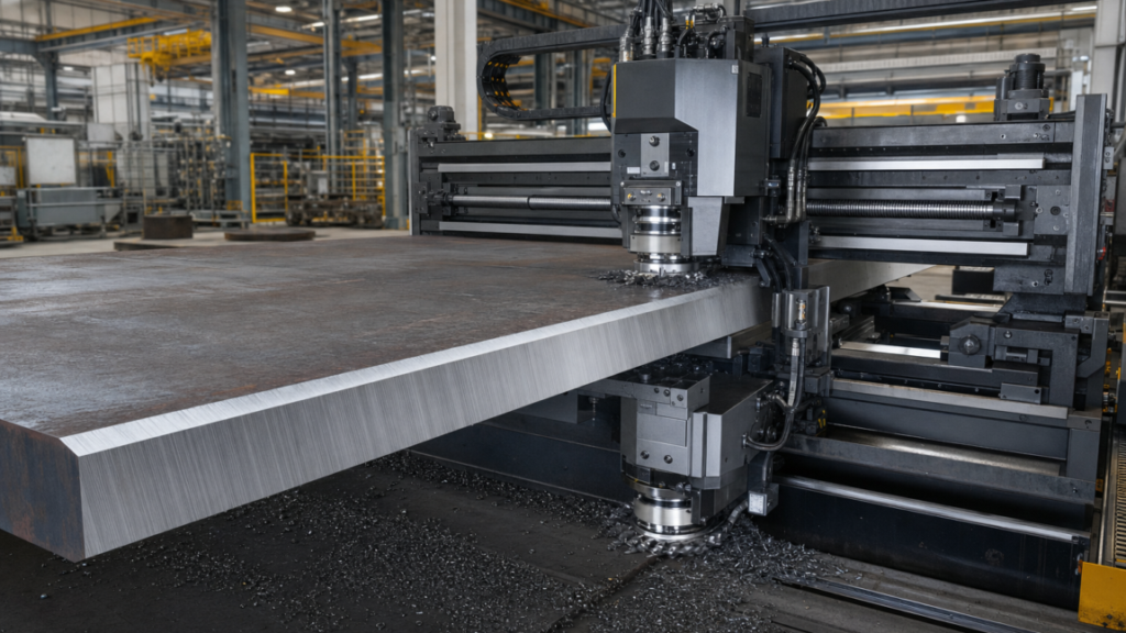 Plate-edge beveling machines / plate work performing PBM 5000-style plate-edge beveling machine with milling heads in a metal fabrication shop