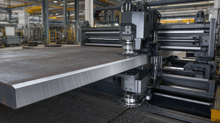 Plate-edge beveling machines / plate work performing PBM 5000-style plate-edge beveling machine with milling heads in a metal fabrication shop