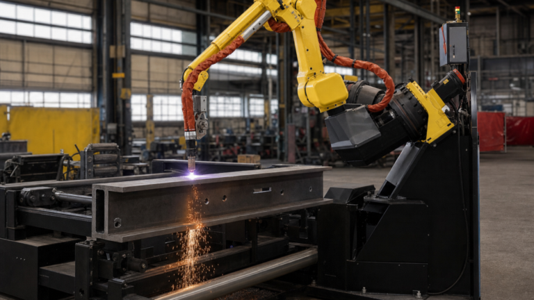 Robotic plasma structural-profile cutting system performing plasma cutting in a metal fabrication shop