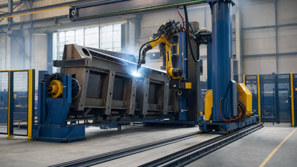 Modular robotic arc-welding systems for large fabricated assemblies performing AGT BLOK-style modular robotic welding of a large fabricated assembly in a metal fabrication shop