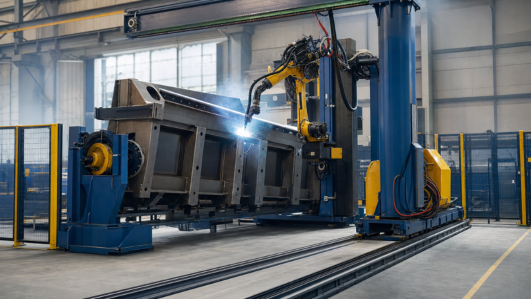 Modular robotic arc-welding systems for large fabricated assemblies performing AGT BLOK-style modular robotic welding of a large fabricated assembly in a metal fabrication shop