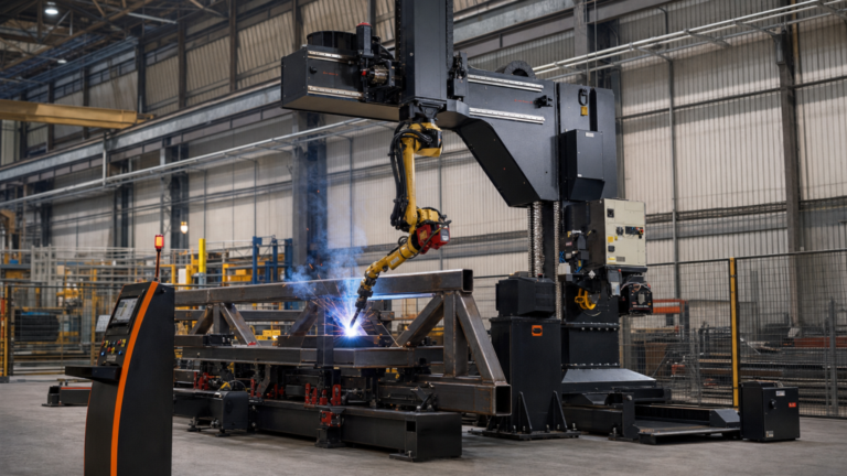 Legacy modernization performing Robotic arc welding of a large steel assembly in a modular gantry or rail-based cell in a metal fabrication shop