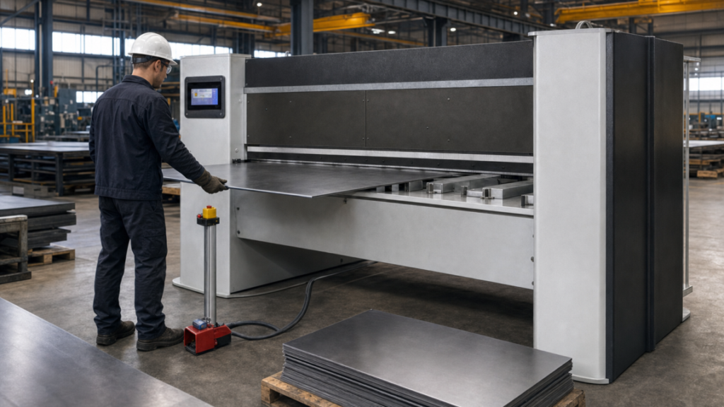 Hydraulic plate shear performing Hydraulic guillotine plate shear making a straight cut through flat metal stock in a metal fabrication shop