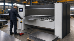 Hydraulic plate shear performing Hydraulic guillotine plate shear making a straight cut through flat metal stock in a metal fabrication shop