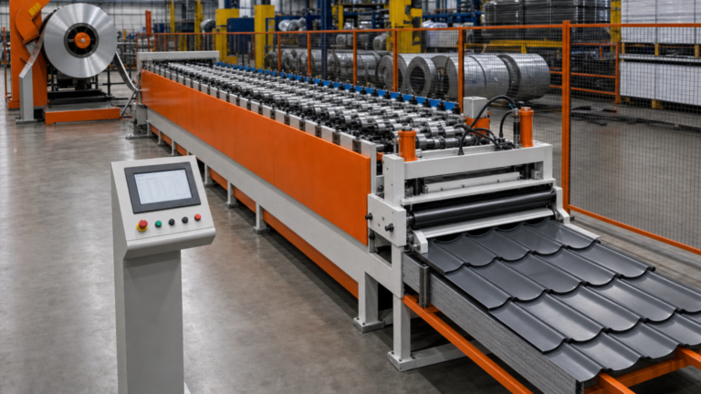 Coil-fed roll-forming and coil-processing lines performing Coil-fed roofing and architectural-profile roll forming in a metal fabrication shop