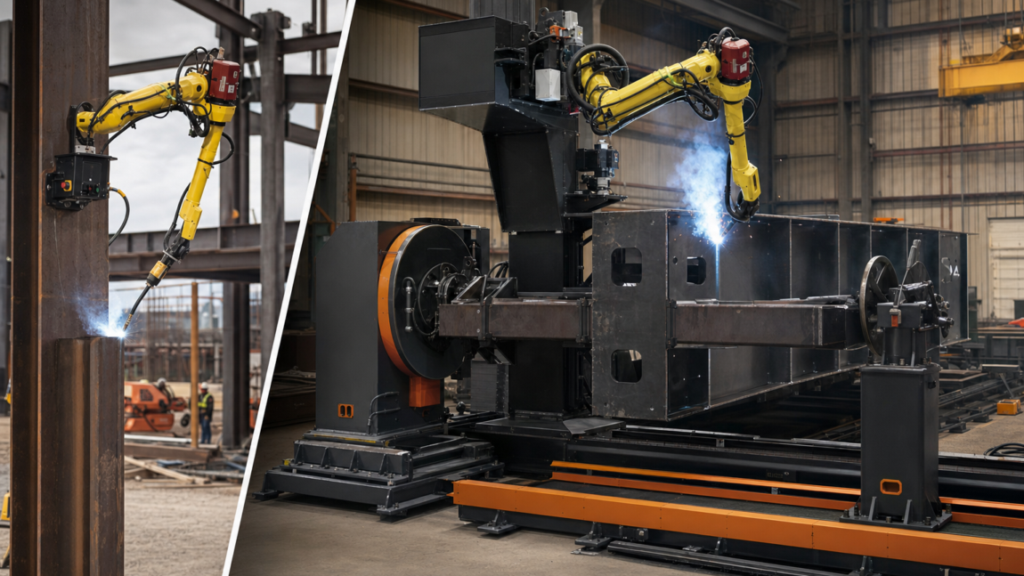 Modular robotic welding systems for medium-to-large workpieces performing Portable structural-column welding compared with AGT BLOK shop-cell welding in a metal fabrication shop