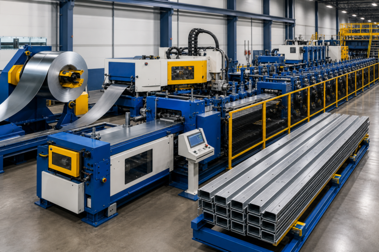 AI-generated editorial illustration for Pre-Punching vs. Post-Form Punching C/Z Purlins