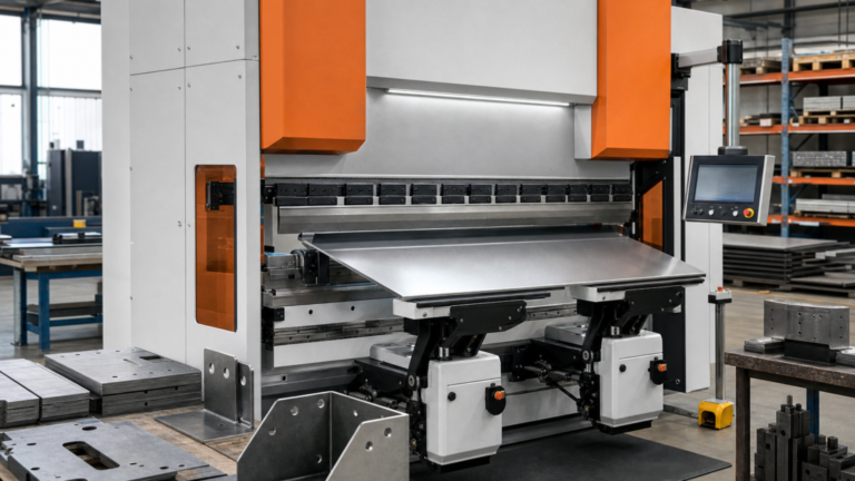 CNC hydraulic press brake performing Large-panel press-brake bending with dynamic front sheet support in a metal fabrication shop
