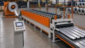Roofing-panel roll-forming line performing Coil-fed roll forming of metal roofing panels in a metal fabrication shop