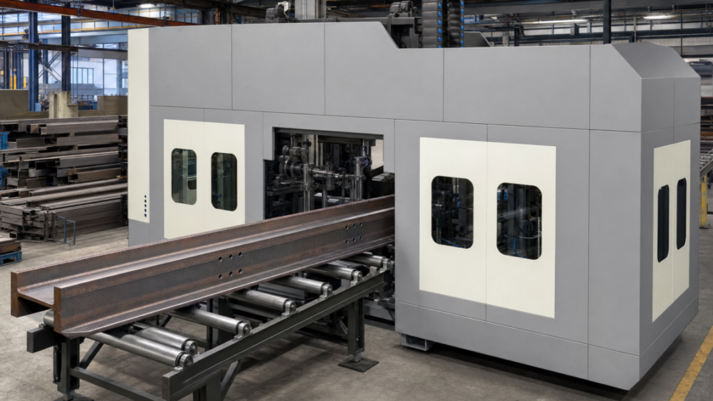 CNC multi-spindle structural beam drilling line performing structural beam processing in a metal fabrication shop