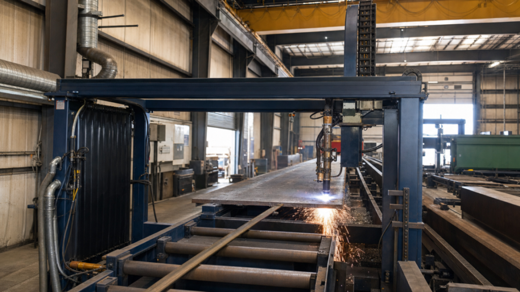 Robotic structural-steel plasma cutting performing plasma cutting in a metal fabrication shop