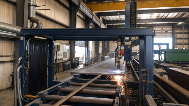 Robotic structural-steel plasma cutting performing plasma cutting in a metal fabrication shop