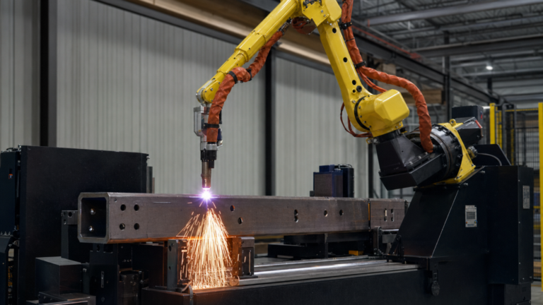 Robotic structural-profile plasma cutting system performing plasma cutting in a metal fabrication shop