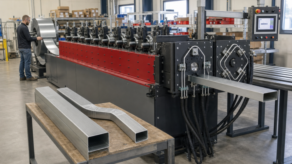 Rectangular downspout and elbow roll former performing Profiilikeskus-style 3x4 rectangular downspout roll forming in a metal fabrication shop