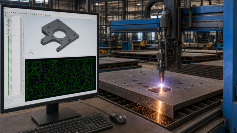 CAD/CAM nesting software for mechanized CNC plasma cutting performing plasma cutting in a metal fabrication shop