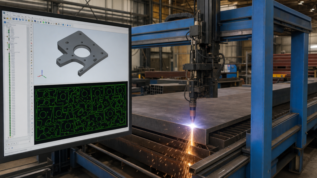 CAD/CAM nesting software for CNC plasma cutting performing plasma cutting in a metal fabrication shop