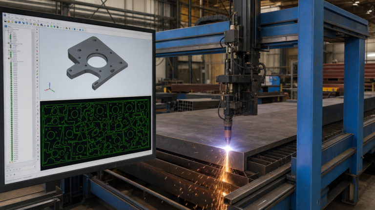 CAD/CAM nesting software for CNC plasma cutting performing plasma cutting in a metal fabrication shop
