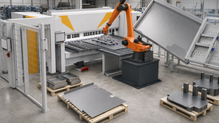 CNC swing-beam sheet-metal folding systems performing RAS XLTbend 2–type swing-beam folding with robotic panel handling in a metal fabrication shop