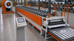 Forming systems / roofing roll-forming line performing Coil-fed roofing sheet roll forming in a metal fabrication shop
