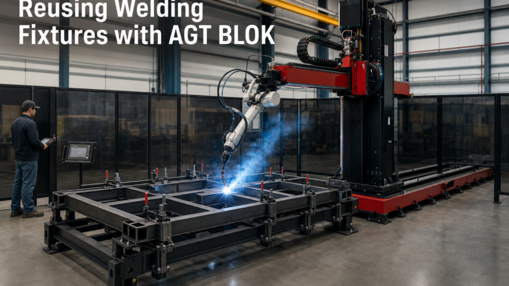 Industrial robotic arc-welding systems performing AGT BLOK robotic arc welding with stationary workholding in a metal fabrication shop