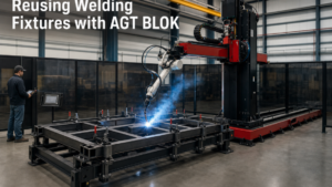Industrial robotic arc-welding systems performing AGT BLOK robotic arc welding with stationary workholding in a metal fabrication shop