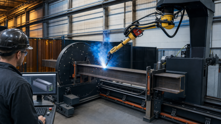 Automation adoption performing Autonomous robotic arc welding of pre-fit structural steel beams in a metal fabrication shop