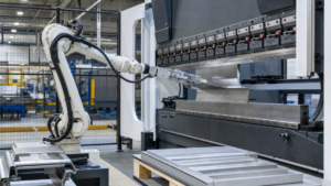 Robotic press-brake forming cells performing robotic press-brake bending in a metal fabrication shop