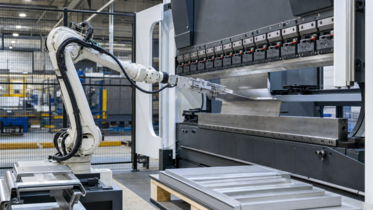 Robotic press-brake forming cells performing robotic press-brake bending in a metal fabrication shop