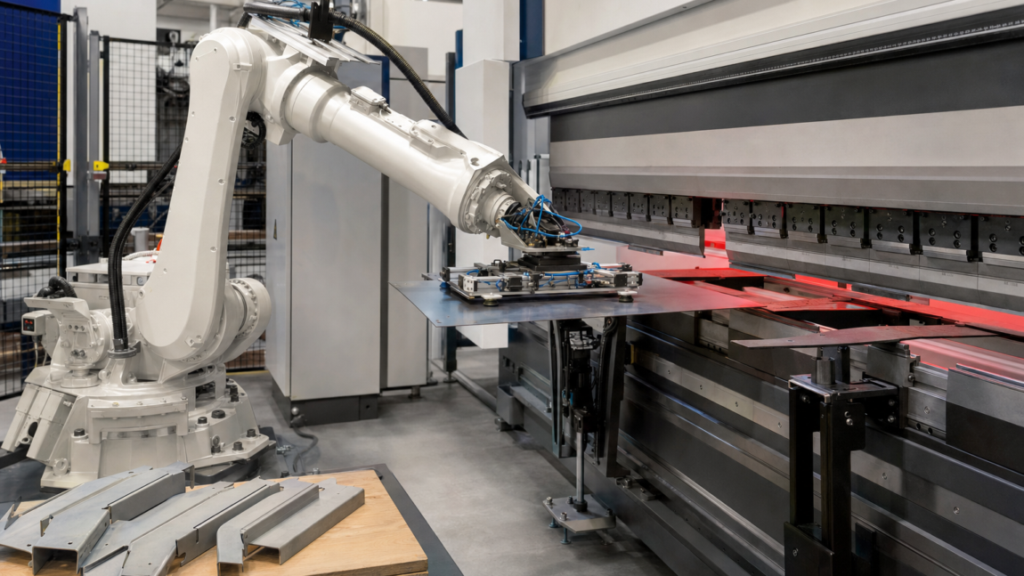 Robotic automation for press-brake applications performing Robotic press-brake tending and bending in a metal fabrication shop