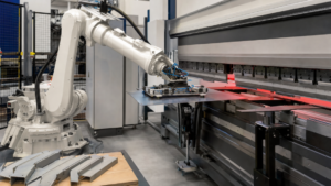 Robotic automation for press-brake applications performing Robotic press-brake tending and bending in a metal fabrication shop