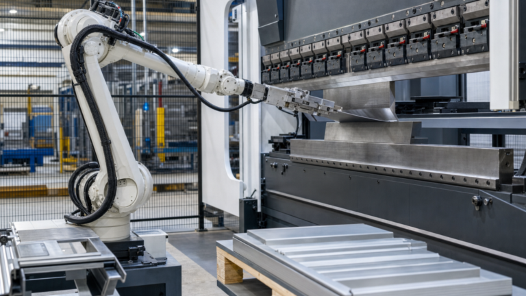 Robotic press-brake automation systems performing robotic press-brake bending in a metal fabrication shop