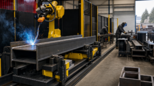 Structural robotic welding system performing Structural-steel robotic arc welding on beams and HSS assemblies in a metal fabrication shop