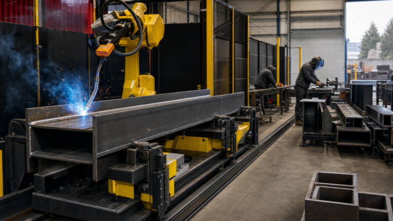 Structural robotic welding system performing Structural-steel robotic arc welding on beams and HSS assemblies in a metal fabrication shop