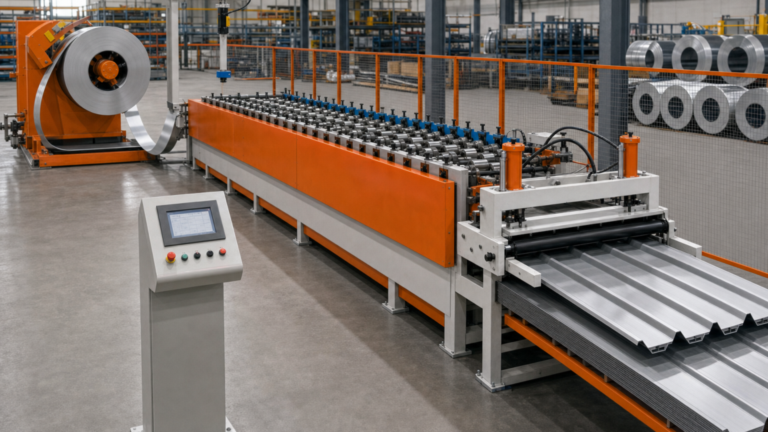 Forming-line flow performing STEFA ROLL FORMER LINE / STEFA PFL-family coil-fed roofing roll forming with contactless material-loop sensing in a metal fabrication shop