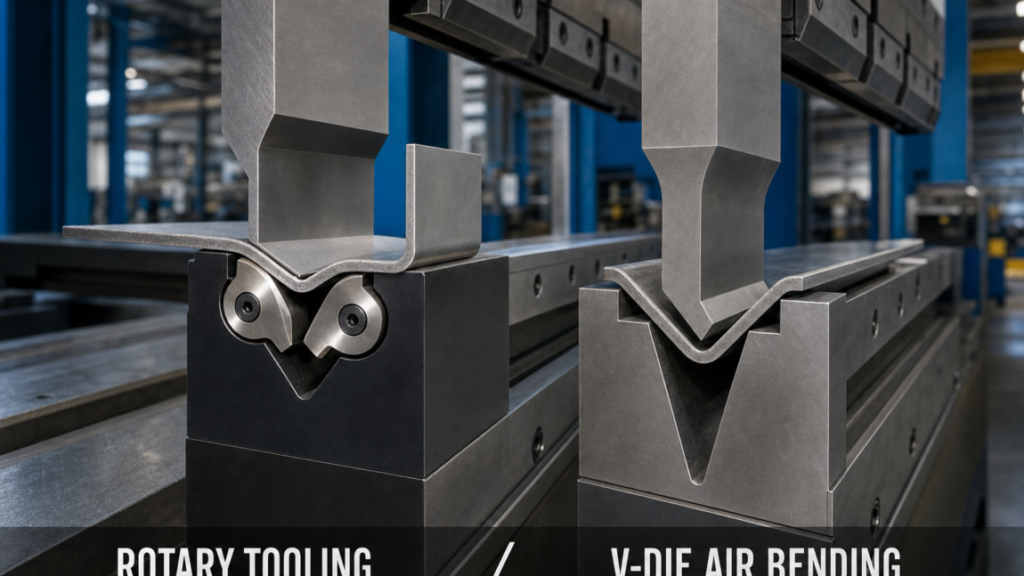 Press-brake tooling performing A conventional press brake forming a straight sheet-metal flange with rotary bending tooling in a metal fabrication shop