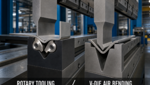 Press-brake tooling performing A conventional press brake forming a straight sheet-metal flange with rotary bending tooling in a metal fabrication shop