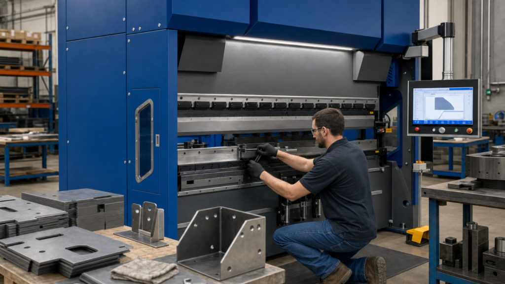 Hydraulic CNC press brake performing machine maintenance or service in a metal fabrication shop