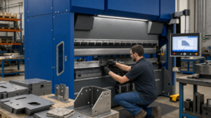 Hydraulic CNC press brake performing machine maintenance or service in a metal fabrication shop