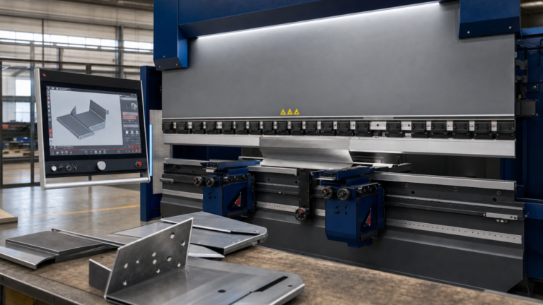 CNC press brake performing RYTECH FUSION CNC press-brake sheet-metal bending and programming in a metal fabrication shop