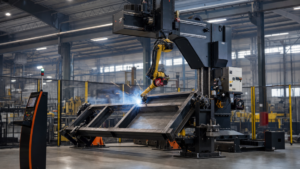 Modular robotic welding system performing Modular robotic arc welding for medium-to-large assemblies in a metal fabrication shop