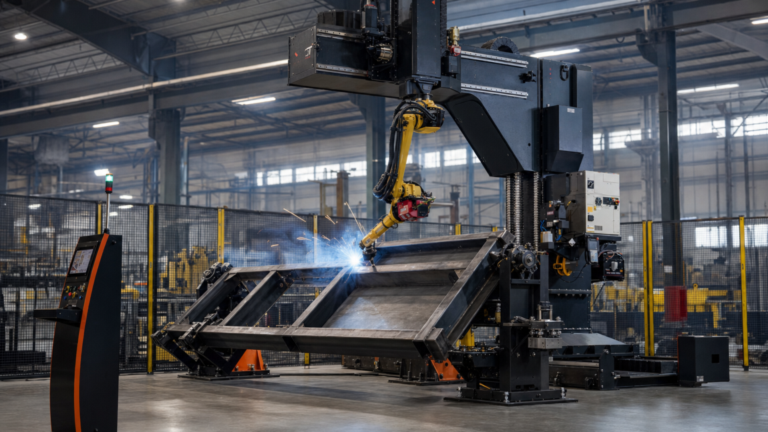 Modular robotic welding system performing Modular robotic arc welding for medium-to-large assemblies in a metal fabrication shop