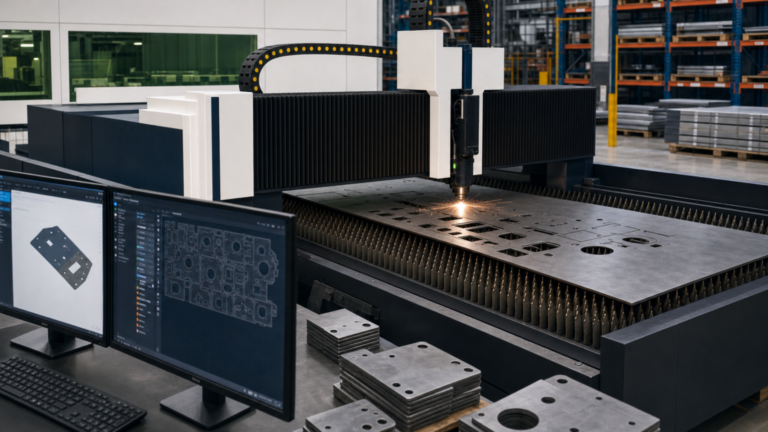 2D fiber laser cutting performing fiber laser cutting in a metal fabrication shop