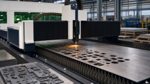 Laser cutting performing fiber laser cutting in a metal fabrication shop
