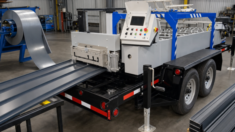 Forming-line flow performing Portable post-cut rollforming for roof and wall panels in a metal fabrication shop