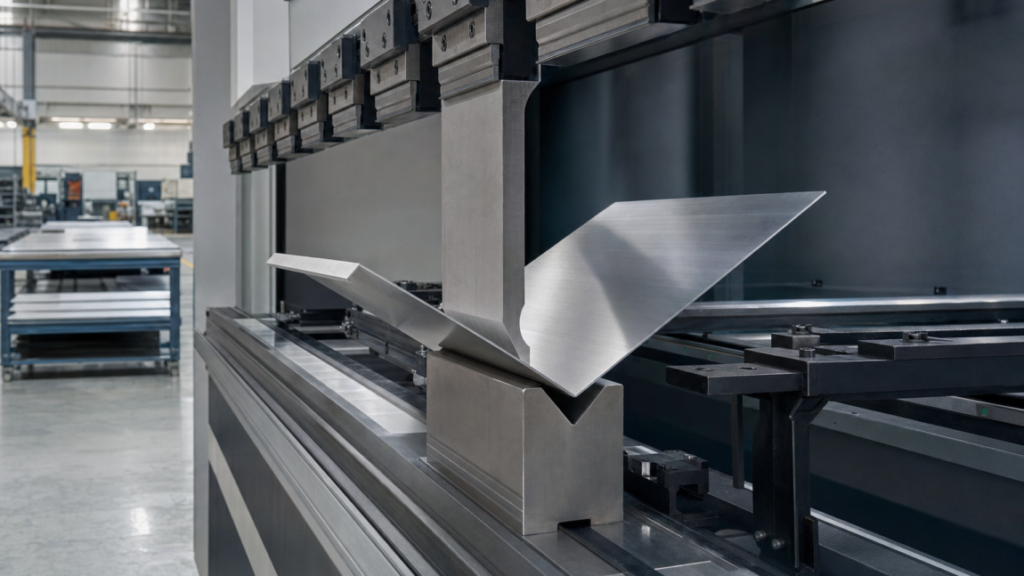 Laser and bending applications performing Stainless sheet air bending on a CNC press brake in a metal fabrication shop